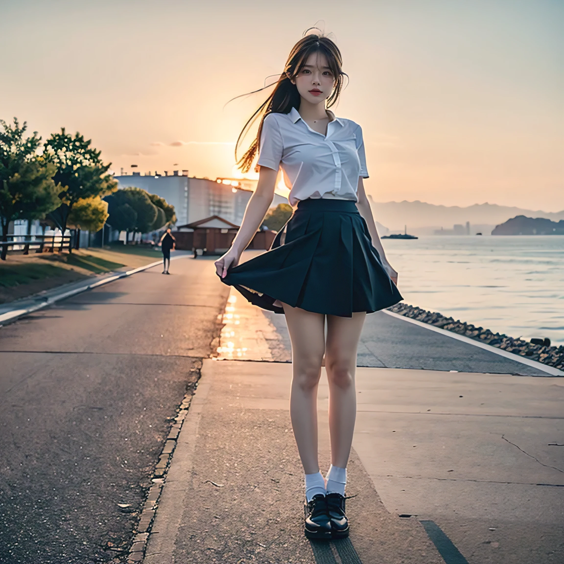 High resolution, masterpiece, highest quality, Ultra Definition 8K Wallpapers, very clear, Majestic panoramic view:1.3, (detailed beautiful face):1.2, 1 girl, alone, skirt hold, (white)shirts:1.2, (black)skirts, skirt lift:1.1, show off panties, (blue)panties, from front, full body