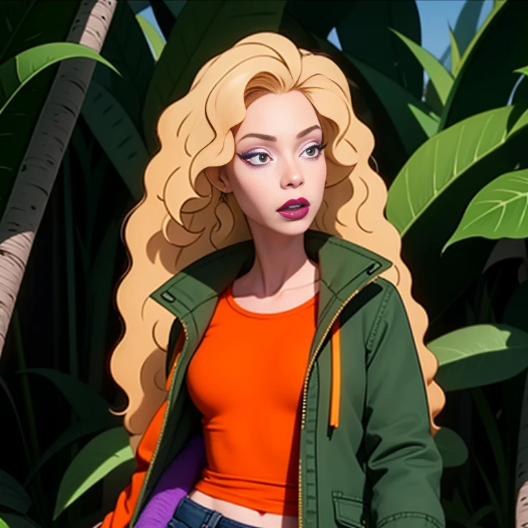 debbieb3rry, in jungle, long curly blonde hair, green jacket, orange shirt, torn jeans, purple lips, (intricate details), perfect eyes, perfect face, perfect lighting, beautiful, (masterpiece:1.2), (best quality:1.2)