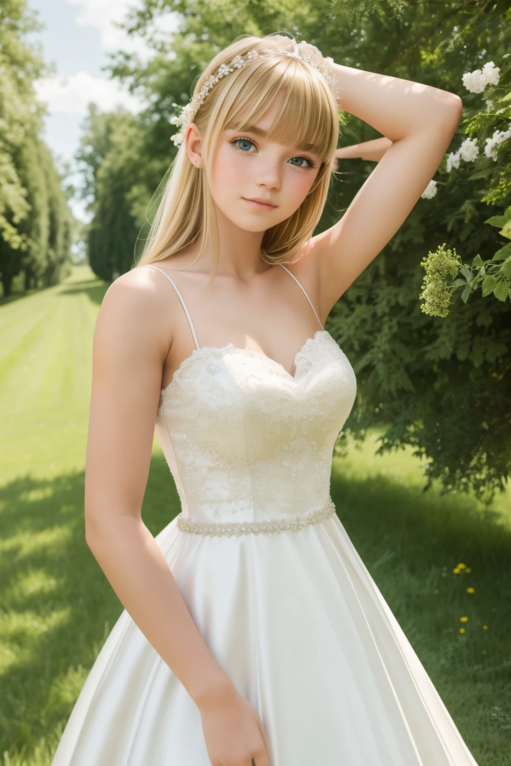 A girl,16 year old,wedding dress,european countryside,blonde,bangs bangs,pretty face,thick and muscular upper arms,armpit