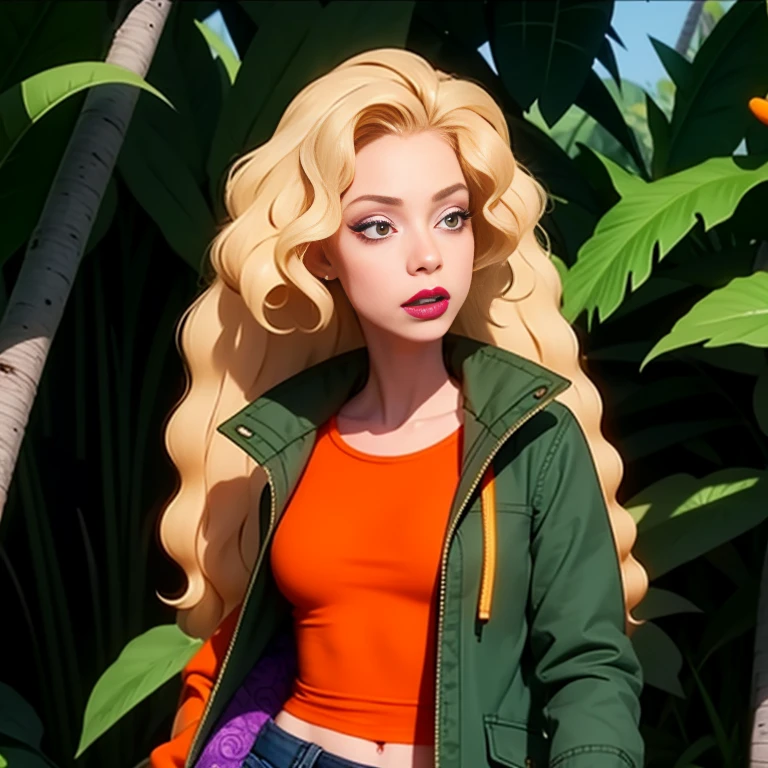 debbieb3rry, in jungle, long curly blonde hair, green jacket, orange shirt, torn jeans, purple lips, (intricate details), perfect eyes, perfect face, perfect lighting, beautiful, (masterpiece:1.2), (best quality:1.2)