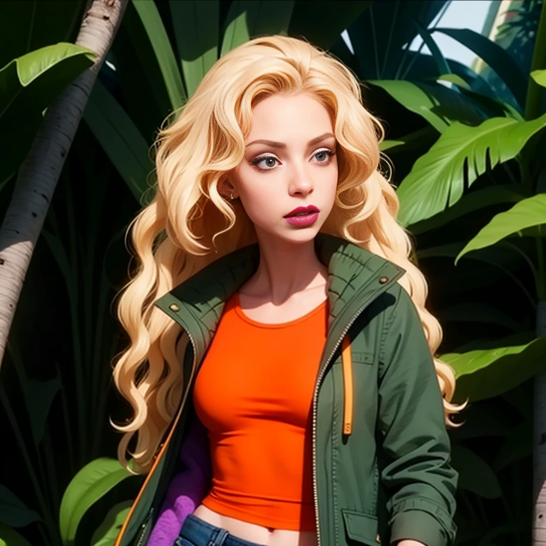 debbieb3rry, in jungle, long curly blonde hair, green jacket, orange shirt, torn jeans, purple lips, (intricate details), perfect eyes, perfect face, perfect lighting, beautiful, (masterpiece:1.2), (best quality:1.2)