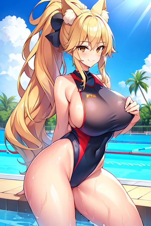 amy, ponytail, bangs, long hair, fox ears, fox tail, thick thighs, breasts, 1girl, wide hips, large breasts, blonde hair, smile, ponytail, tan, one-piece swimsuit, black one-piece swimsuit, competition swimsuit, blue trim, pool, poolside, happy