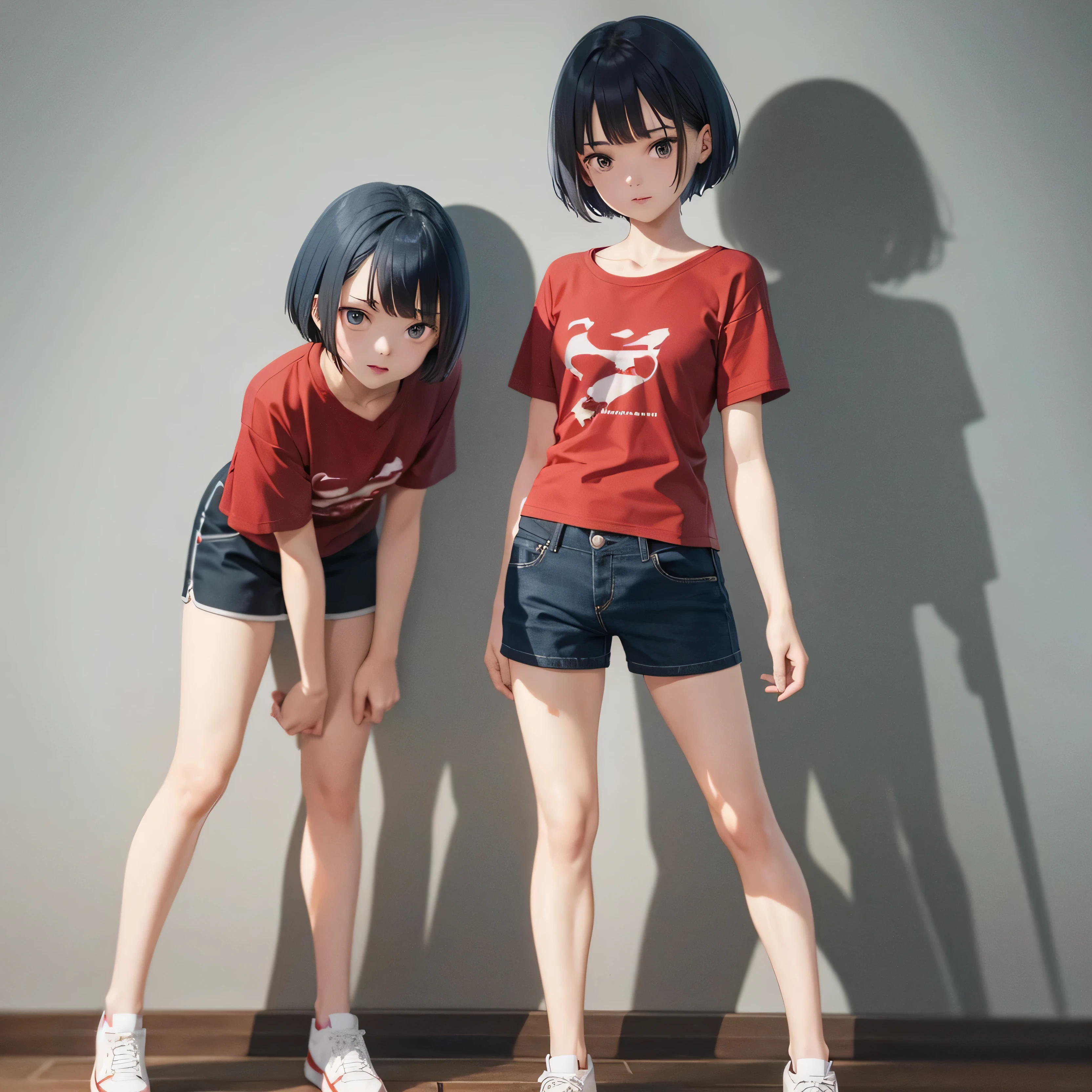 1 girl with small breath,blue short hair,red long t-shirt,black short pants,white shoes,facing to viewer,full body,standing pose,front camera view(symmetrical image).