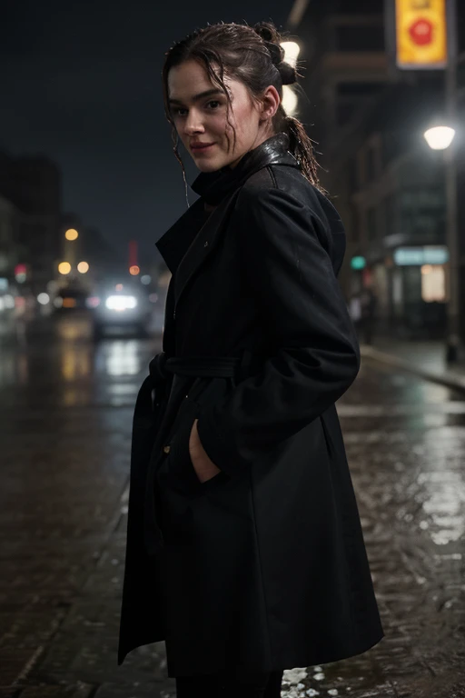 Daisy Ridley, full body, thin waist, wearing an all-black outfit with Selene's overcoat from the film Underworld. She is in a heroic position, looking to the side with an ironic, villainous smile, her hair identical to Rey Skywalker's. She is in a city at night, her face is dirty and sweaty, her hair is wet and tied in a ponytail. Her costume is wet and shiny, 4k, cinematic, hyper realistic,