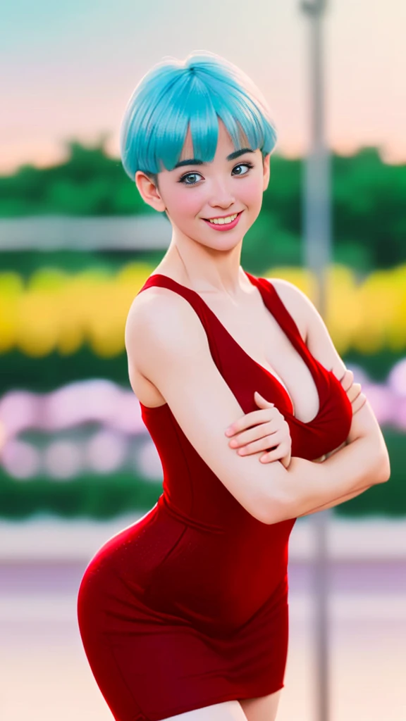 (Ultra realistic 16k), (extremely complex:1.3), (realistic), very white girl, seductive face, happy smile, blushing cheeks, sexy hot, short cyan blue hair, red dress, pale skin, open arms, sexy cleavage, narrow waist, hot hips, beautiful hot legs, 25 years old, (beautiful body), professional photography of a stunning woman detailed, sharp focus, dramatic, award-winning, cinematic lighting, volumetric dtx, (film grain, blurred background, blurred foreground, Bokeh, depth of field, motion blur:1.3), multiple hot sexy poses. 