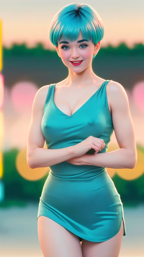 (Ultra realistic 16k), (extremely complex:1.3), (realistic), very white girl, seductive face, happy smile, blushing cheeks, sexy hot, short cyan blue hair, red dress, pale skin, open arms, sexy cleavage, narrow waist, hot hips, beautiful hot legs, 25 years old, (beautiful body), professional photography of a stunning woman detailed, sharp focus, dramatic, award-winning, cinematic lighting, volumetric dtx, (film grain, blurred background, blurred foreground, Bokeh, depth of field, motion blur:1.3), multiple hot sexy poses.