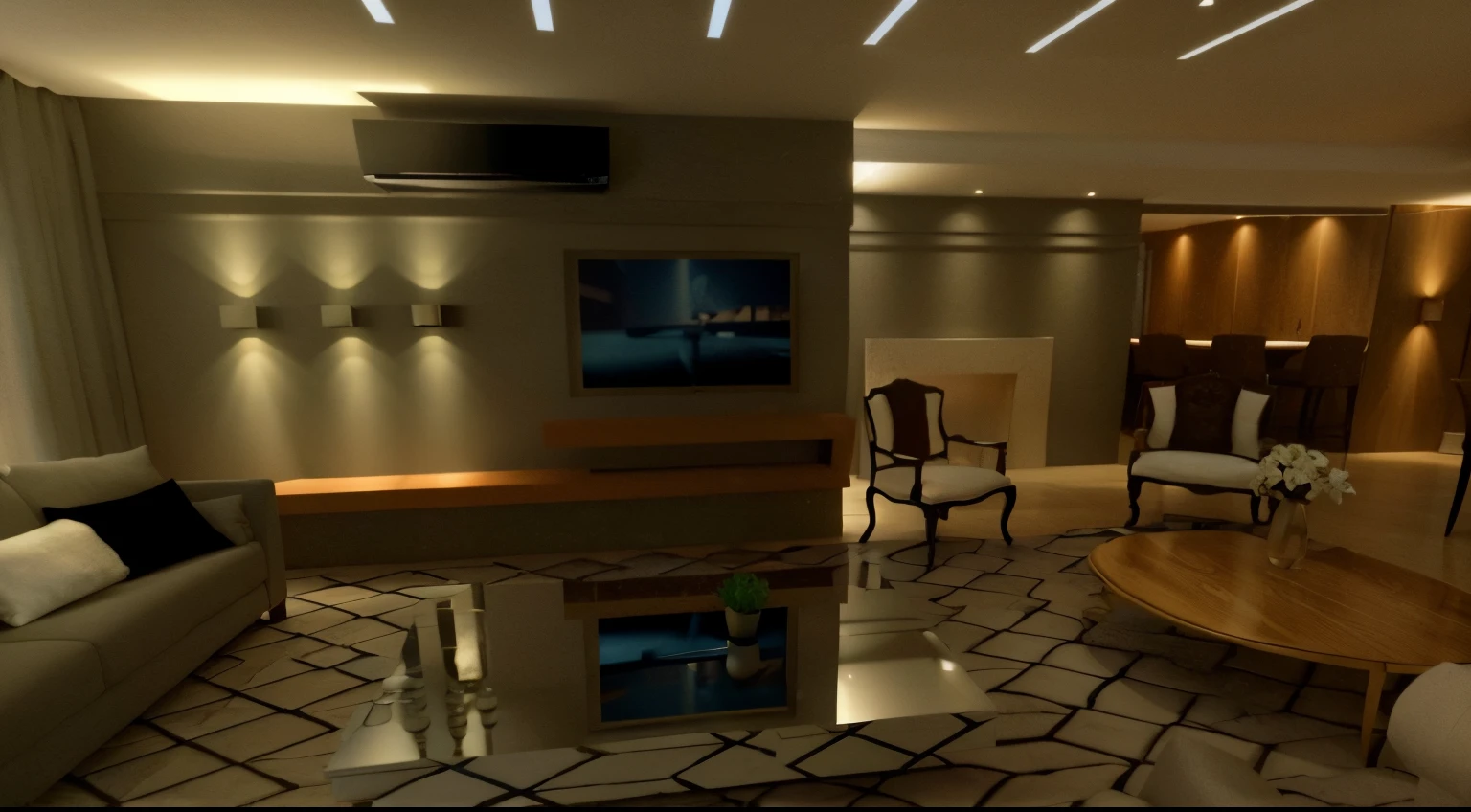 there is a living room with a sofa, cadeira, Table and television, rendered lighting, in 3D rendering style, stunning 3d rendering, well lit 3d rendering, 3D rendering, 3D rendering, luxury hd rendering, Final 3D rendering, Final 3D rendering, dramatic lighting render, Final 3D rendering, Ray-traced 3D scenography