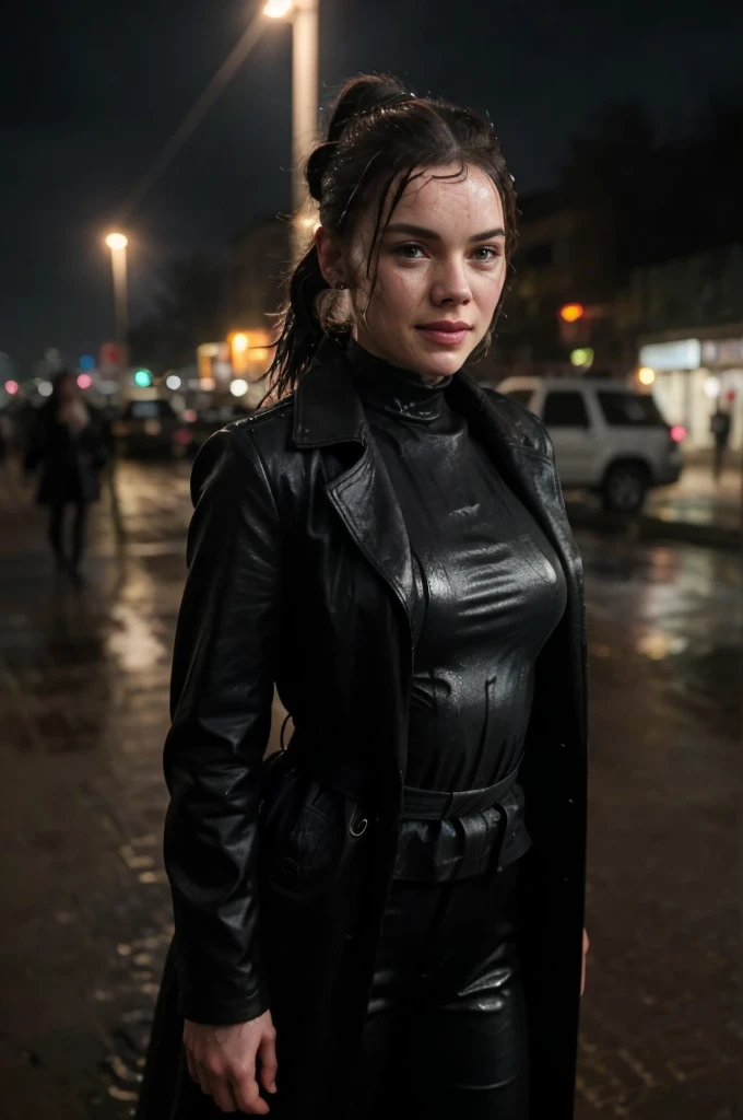 Daisy Ridley, full body, thin waist, wearing an all-black outfit with Selene's overcoat from the film Underworld. She is in a heroic position, looking to the side with an ironic, villainous smile, her hair identical to Rey Skywalker's. She is in a city at night, her face is dirty and sweaty, her hair is wet and tied in a ponytail. Her costume is wet and shiny, 4k, cinematic, hyper realistic,