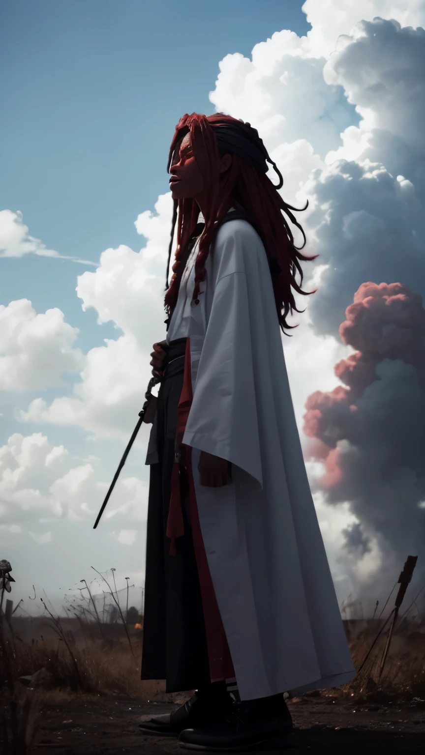 Voodoo shaman, Blood red hair and red eyes, outlined in black pencil., white clothes embroidered clothes, clouds of smoke come from the mouth, full length