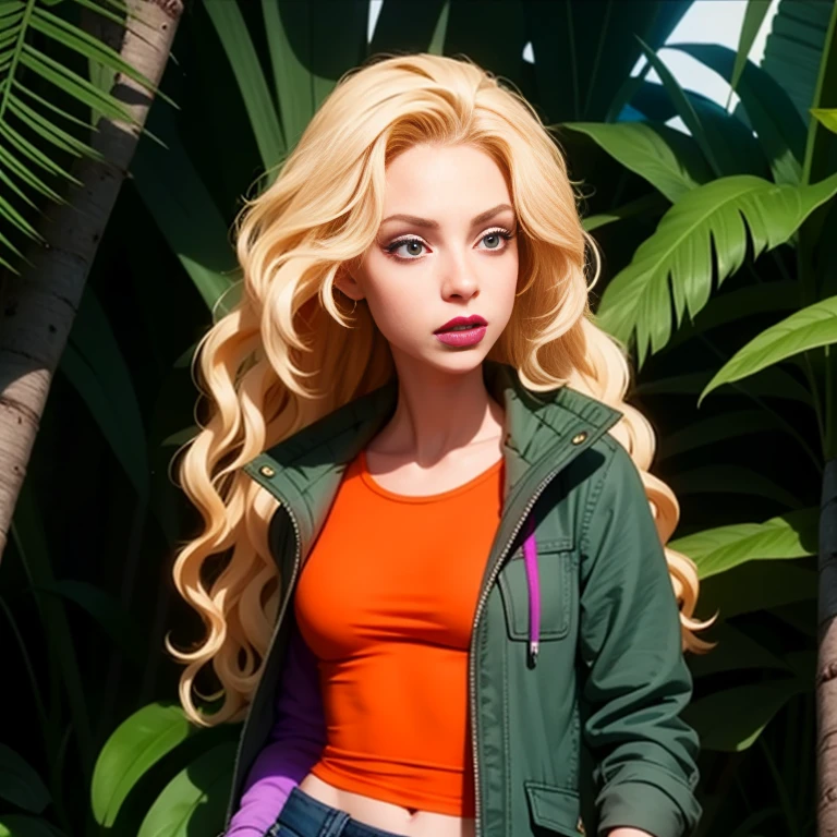 debbieb3rry, in jungle, long curly blonde hair, green jacket, orange shirt, torn jeans, purple lips, (intricate details), perfect eyes, perfect face, perfect lighting, beautiful, (masterpiece:1.2), (best quality:1.2)