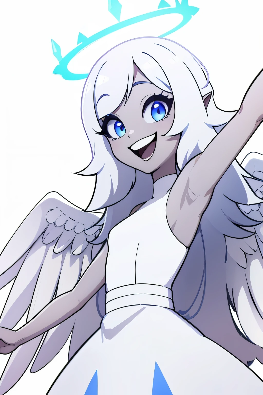 Emily, angel, angel wings, halo, long hair, smile, blue eyes, white hair, (grey skin:1.2), small breasts, light blue sclera, very long hair, sleeveless dress, white dress, upper body, close up, open mouth, armpit, (blank white background), (full body)