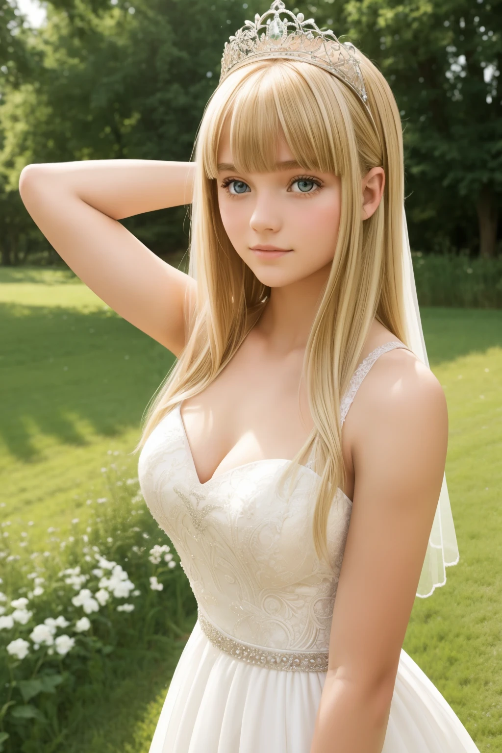 A girl,16 year old,wedding dress,european countryside,blonde,bangs bangs,pretty face,thick and muscular upper arms,armpit,tiara