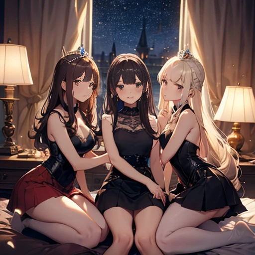 A group of young princesses, (in bedroom), various hair styles, harem, wearing royal dress, night, details face, , short skirt, seducing, sleeveless , showing armpits, night, starry night