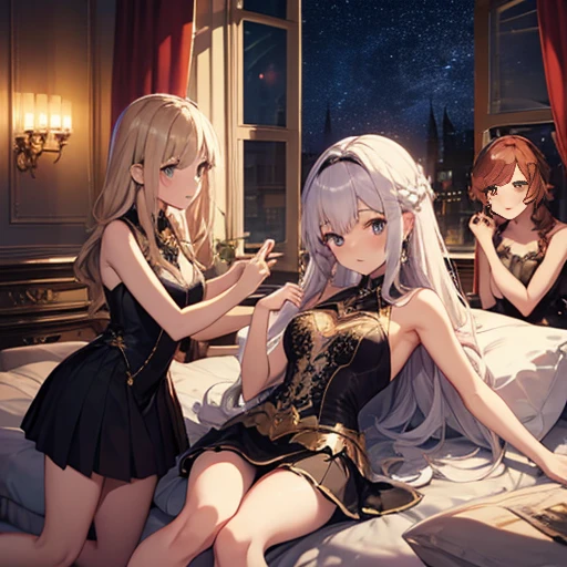 A group of young princesses, (in bedroom), various hair styles, harem, wearing royal dress, night, details face, , short skirt, seducing, sleeveless , showing armpits, night, starry night
