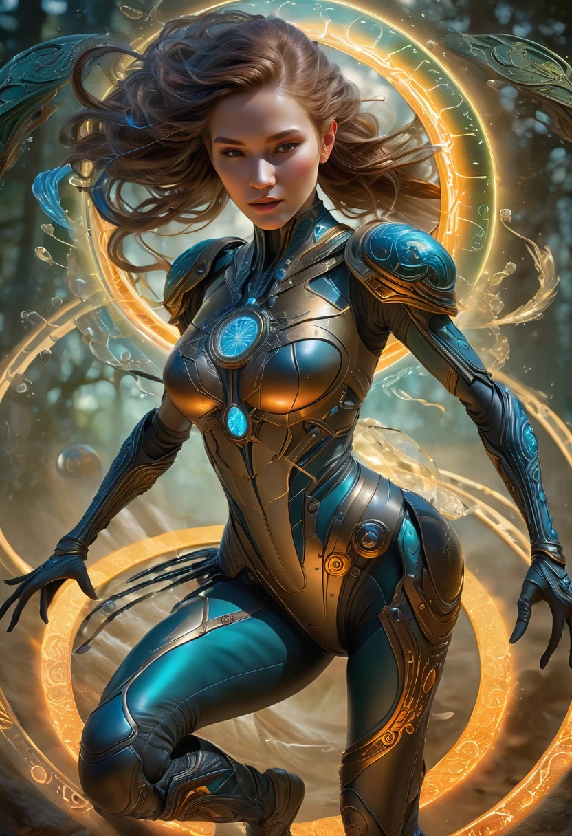 best quality,4k,8k,highres,masterpiece:1.2,ultra-detailed,realistic:1.37,HDR,UHD,studio lighting,ultra-fine painting,sharp focus,physically-based rendering,extreme detail description,professional,art nouveau,(tarot card style),dynamic angle, action shot,(dynamic pose), blissful facial expression, beautiful alien female,creatures from outer space, cyborg style,((An alien female is casting a magical runic circle spell:1.5)), (A glowing circle of protection, with runic symblos, is floating in front of the woman), fractalized, android,(wearing a cyborg exoskeleton),alien flora,(exotic alien flora background with bioluminescent plats),vivid colors,beige and golden hues,trending on cgsociety,landscape,horror,(sci-fi),concept artists,bright and vibrant colors,mistery lighting