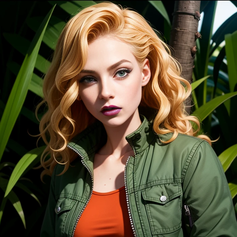 debbieb3rry, in jungle, long curly blonde hair, green jacket, orange shirt, torn jeans, purple lips, (intricate details), perfect eyes, perfect face, perfect lighting, beautiful, (masterpiece:1.2), (best quality:1.2)