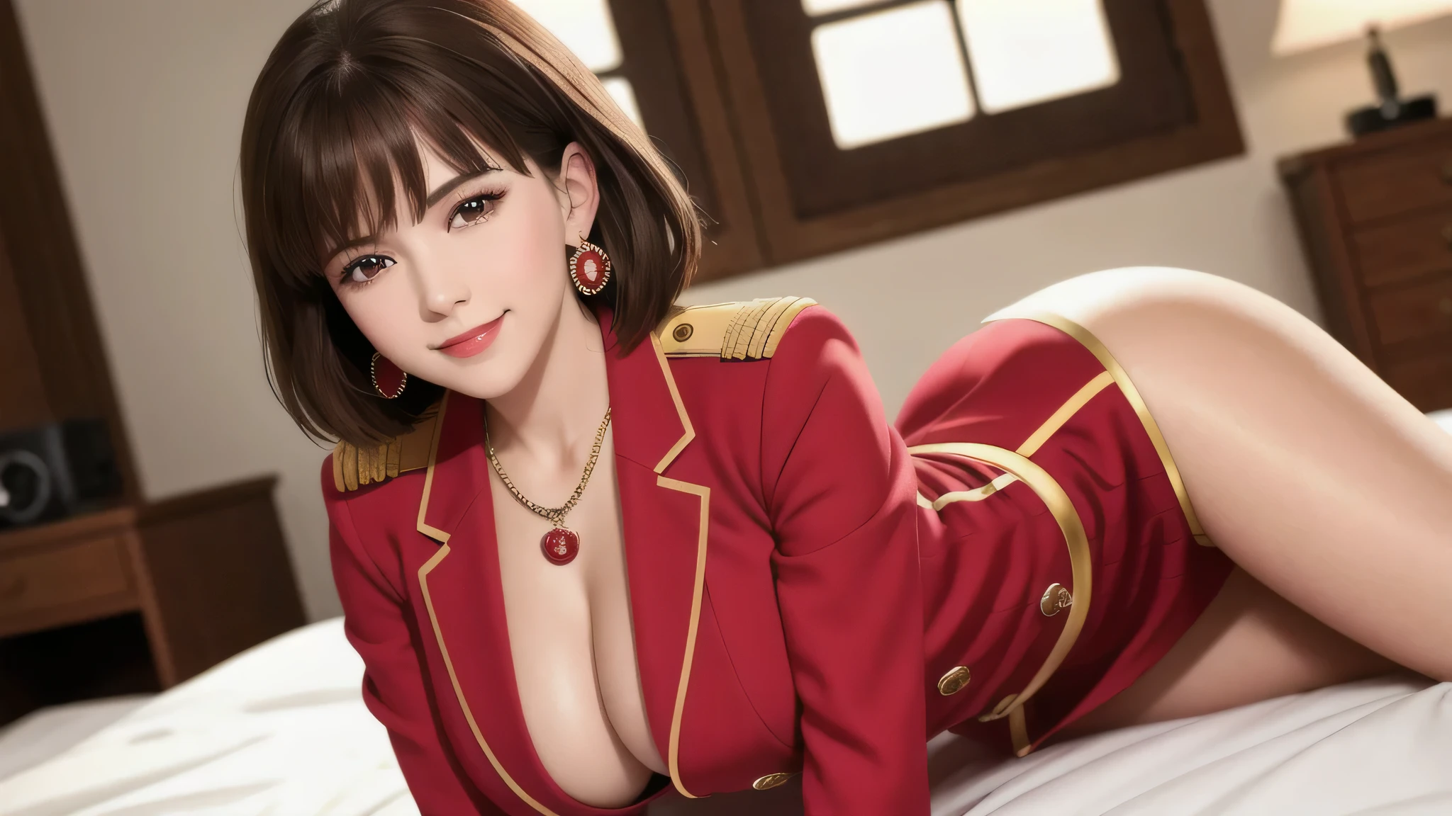 sitting on the bed, Excited, necklace, earrings, full body, short brown hair, red military uniform, That's excellent, ultra high resolution, Raw photo, realism: 1.25), (bright lip gloss, long eyelashes, smooth face , bright skin, natural shadow, wide light, wide light, Depth of the bounds written, strong color, subtle caustics: 0.8), smile, (big breasts), v6,perfect body,(Lie:1.3)