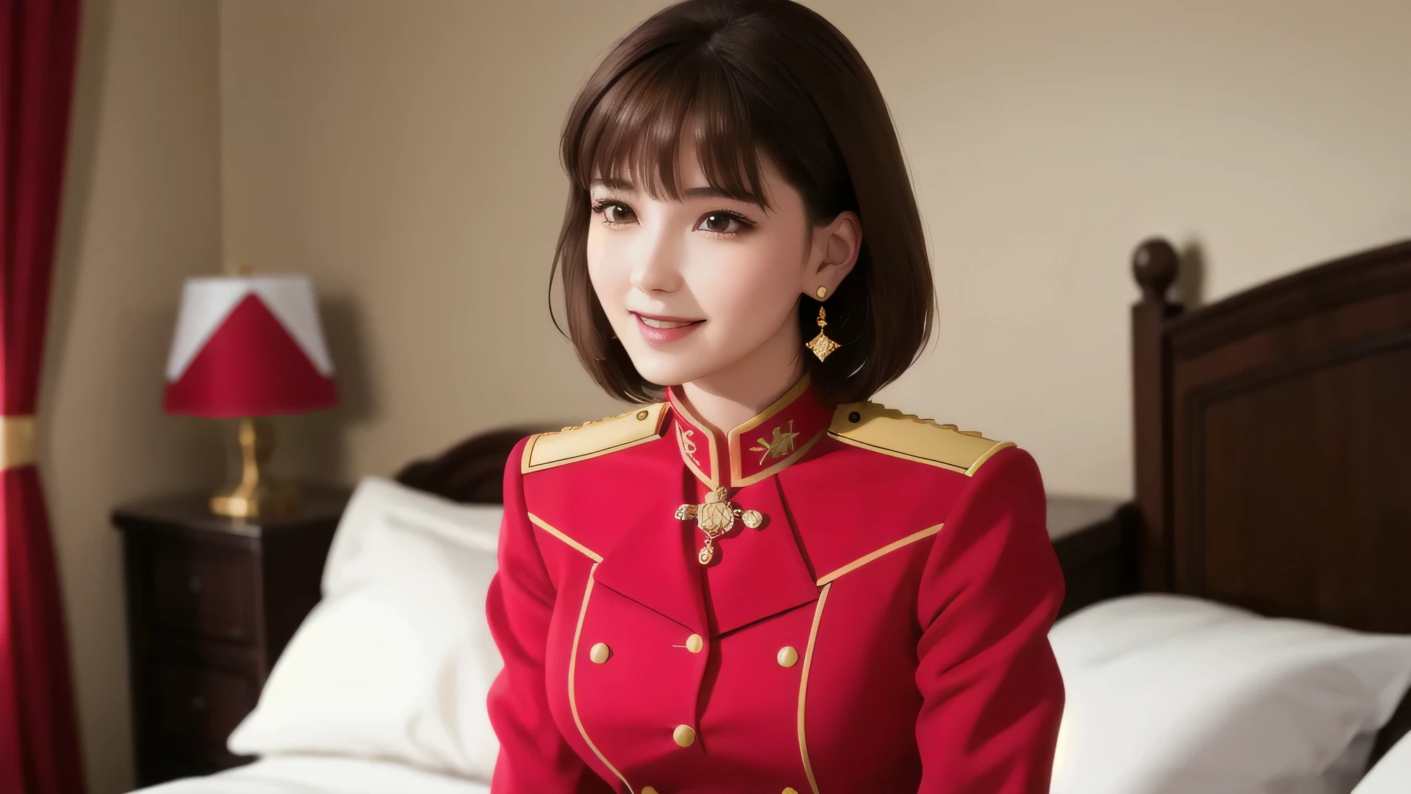 sitting on the bed, Excited, necklace, earrings, full body, short brown hair, red military uniform, That&#39;s excellent, ultra high resolution, Raw photo, realism: 1.25), (bright lip gloss, long eyelashes, smooth face , bright skin, natural shadow, wide light, wide light, Depth of the bounds written, strong color, subtle caustics: 0.8), smile, (big breasts), v6,perfect body,(Lie:1.3)