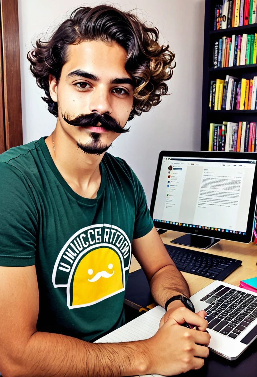 Fotografia para foto de perfil de instagram de um jovem de 24 anos de bigode e cabelo curto. Atras aparece seu setup de estudos, com computador, tablet, livros e luzes coloridas