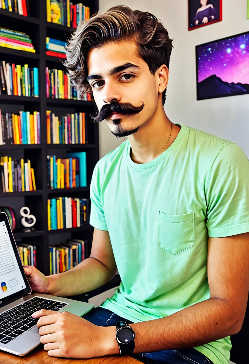 Fotografia para foto de perfil de instagram de um jovem de 24 anos de bigode e cabelo curto. Atras aparece seu setup de estudos, com computador, tablet, livros e luzes coloridas