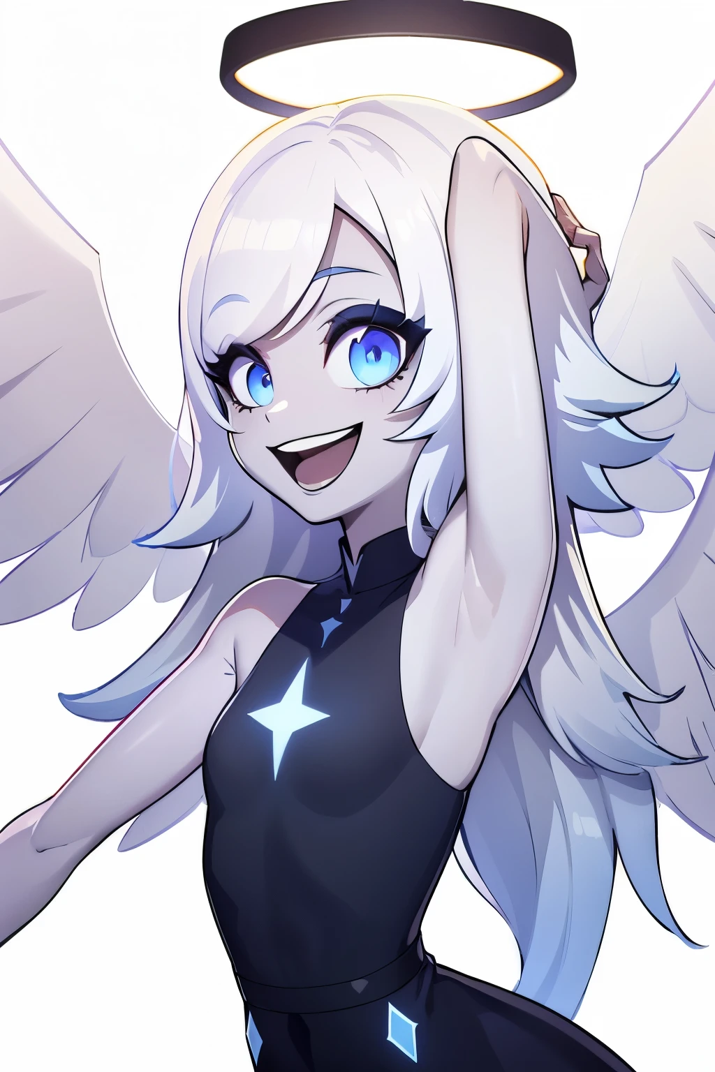 Emily, angel, angel wings, halo, long hair, smile, blue eyes, white hair, (grey skin:1.2), small breasts, light blue sclera, very long hair, sleeveless dress, black dress, upper body, close up, open mouth, armpit, (blank white background), (full body)