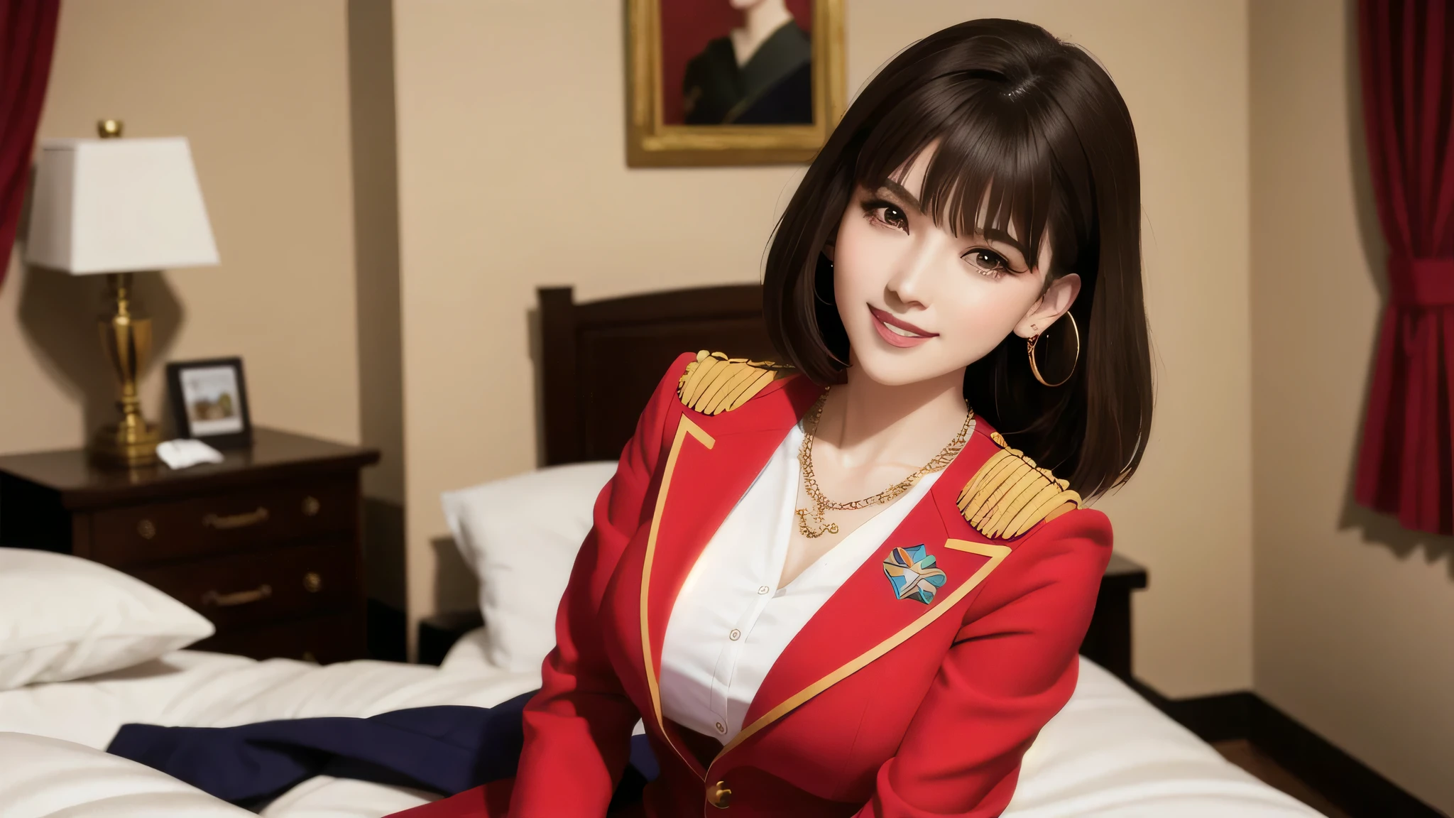 sitting on the bed, Excited, necklace, earrings, full body, short brown hair, red military uniform, That&#39;s excellent, ultra high resolution, Raw photo, realism: 1.25), (bright lip gloss, long eyelashes, smooth face , bright skin, natural shadow, wide light, wide light, Depth of the bounds written, strong color, subtle caustics: 0.8), smile, (big breasts), v6,perfect body,(Lie:1.3)