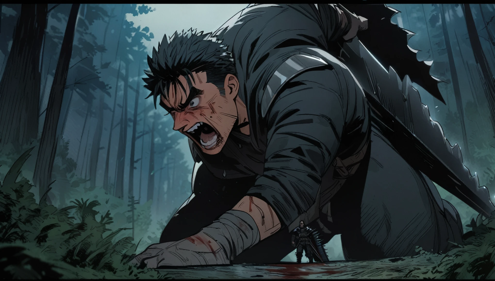 Berserk Manga, Anime, Guts, Man, Giant Black Sword, Forest, Night, Anger, Blood, Enemys, HD, High Resolution, Masterpiece, 4K