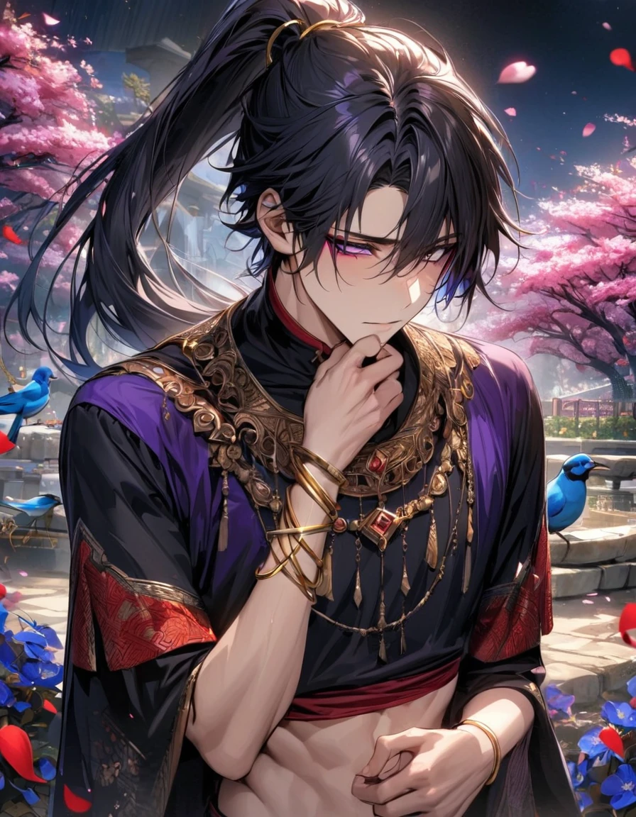 absurdres, highres, ultra detailed, HDR, masterpiece, Judar, expressive red ringed eyes, black medium length hair with a long segmented ponytail, Magi, 1man, handsome, purple makeup on the eyes, which fades toward the inner portions of the eyelids, Indian chunnari around the shoulders and a small, short-sleeved,black, midriff-baring choli, gold bangle bracelets that extend from the elbows to the wrists, gold bangle necklace with a ruby in the center, decorations such as blue leaves, blossoms and birds, garden, petals