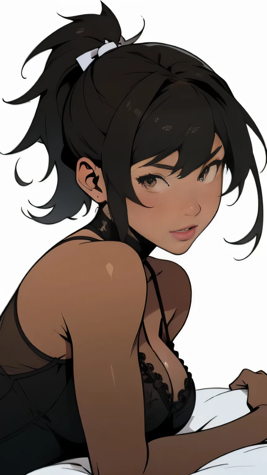((highest quality)), ((masterpiece)), (become familiar with), Kaga with a perfect face (KanColle), {{kaga kai ni (KanColle)}}, side ponytail, brown eyes, black long hair, black stockings ,, simple background, white background, ,1 girl, alone,,From before, facing the front, looking at the viewer, straight,,{{{game CG}}},2023,,so beautiful, highest quality, amazing quality, ,curated, figure, very detailed,, tsurime,slanted eyes, (black lingerie), ,NSFW、bed、lie down
