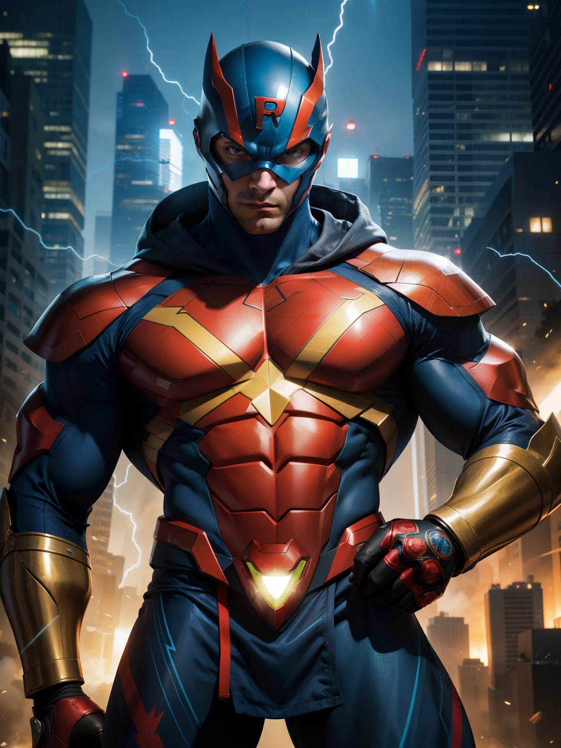 (best quality,4k,8k,highres,masterpiece:1.2),ultra-detailed,(realistic,photorealistic,photo-realistic:1.37),bright vibrant colors,studio lighting,physically-based rendering,pose:running,jumping,speed,crimson red,electric blue,reflective surfaces,shiny metallic texture,fluttering cape,superhero,intricate details,fierce expression,bold lines,action-packed,comic book style,mask:full-face coverage,sleek design,index finger pointing forward,sparkling lightning bolts,exaggerated muscle definition,sharp focus,high-tech,heroic stance,striking contrast,energy crackling,superhuman speed,heroic proportions,red and yellow lightning effects,explosive background,cityscape at night,energetic aura.