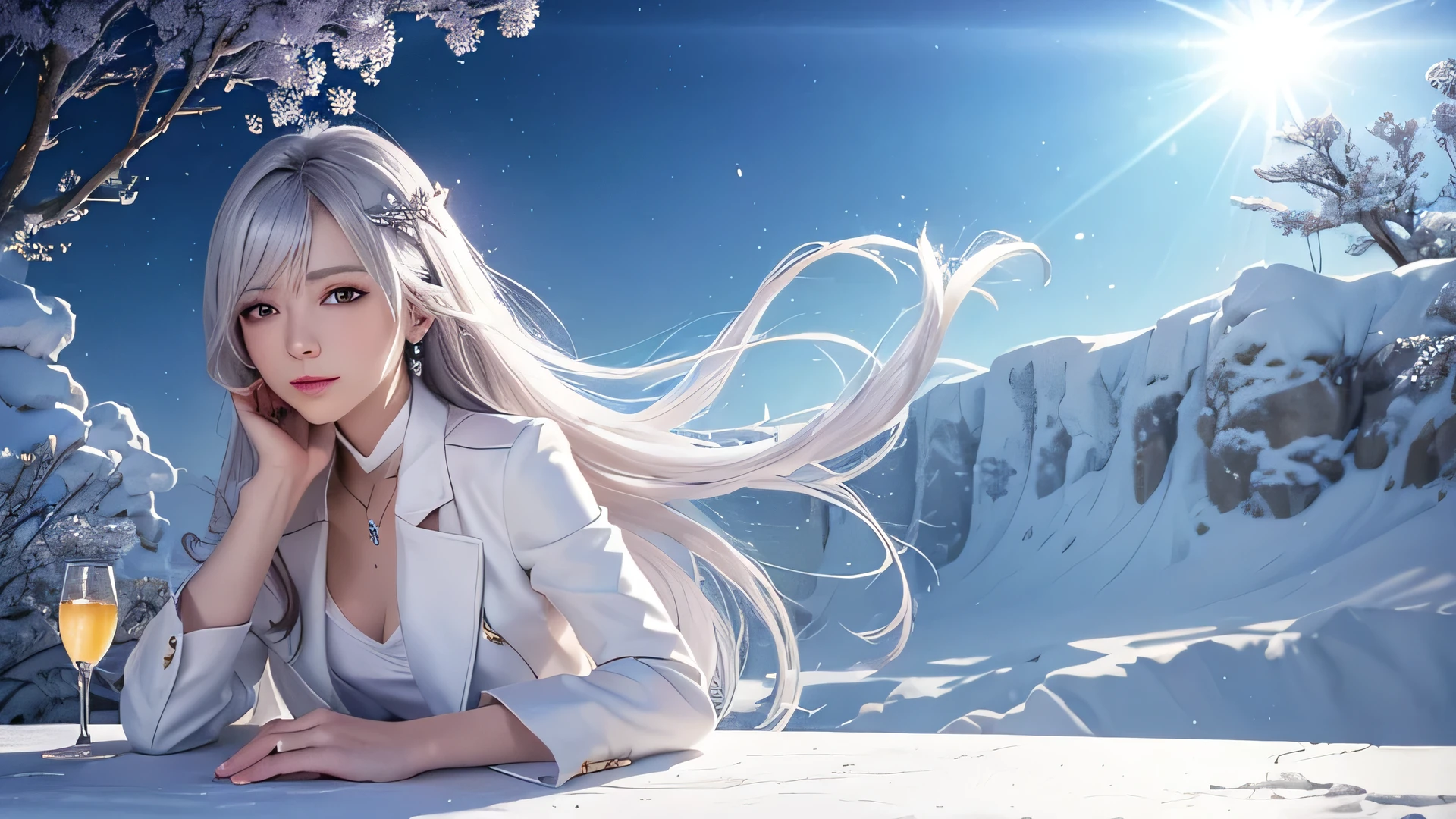 ((logo、masterpiece、8K、table top、Raw photo、wonderful、最high quality、Photorealistic and very detailed CG integrated 8k wallpaper、high quality、very detailed、Narrative poem、particle effects、dynamic effects、written boundary depth、cinematic light、Lens flare、ray tracing、table top、realistic:1.4、超A high resolution:1.2、realistic、realistic))、fantasy、anatomically correct、((alone、1 female、show viewer、detailed face、silver hair、medium long hair、My hair dances in the wind、hair jump))、halter neck、white leather pants、White Leather Jacket、silver earrings、Wind、Wonderful view、beautiful background、Auspicious cloud、falling petals、The site is covered with ice and snow、A blue halo shines behind him,(Lie:1.3)