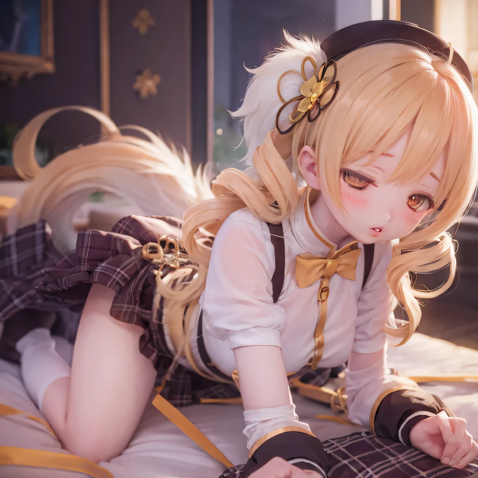 (best quality,ultra-detailed,masterpiece:1.2),expressive eyes,perfect face,beautiful Mami Tomoe,sofisticated pose,long pink hair,golden eyes, pink lips,detailed magical girl costume,dark background,glowing ,anime style,vibrant colors,mysterious aura cute (((((thick lips)))))full body  Figure show your butt(((((sleep on bed)))))zoom tits