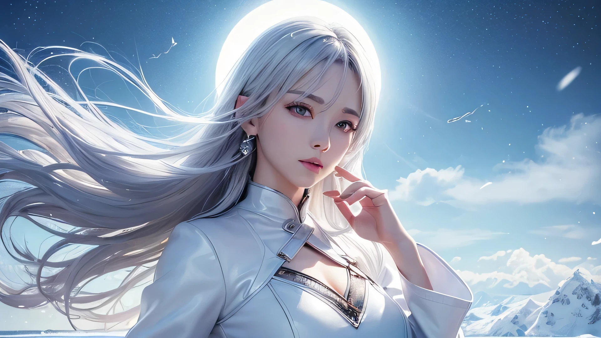 ((logo、masterpiece、8K、table top、Raw photo、wonderful、最high quality、Photorealistic and very detailed CG integrated 8k wallpaper、high quality、very detailed、Narrative poem、particle effects、dynamic effects、written boundary depth、cinematic light、Lens flare、ray tracing、table top、realistic:1.4、超A high resolution:1.2、realistic、realistic))、fantasy、anatomically correct、((alone、1 female、show viewer、detailed face、silver hair、medium long hair、My hair dances in the wind、hair jump))、halter neck、white leather pants、White Leather Jacket、silver earrings、Wind、Wonderful view、beautiful background、Auspicious cloud、falling petals、The site is covered with ice and snow、A blue halo shines behind him,(Lie:1.3)