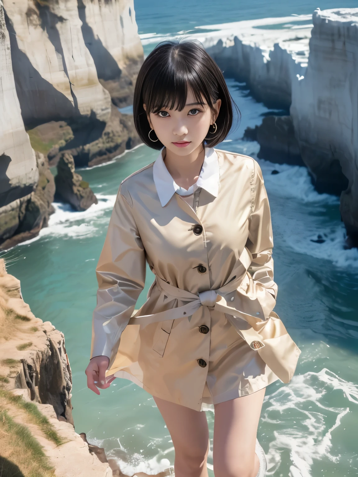 (Masterpiece, Best-quality, RAW-photo, Super-high-quality, Highest-quality, Photorealistic, 8K photo, NSFW), 
(anatomically correct, accurate human body, realistic person)
(Thin waist and busty style body, 16-years-old, Realistic Japanese girl, short height, Kawaii Japanese, angelic beauty), 
(knee length trench coat, turn up the collar, close all buttons), 
(full length, whole body, standing, See photographer, look at viewer, turn the body forward, Very cold, It's freezing), 
(maiko, angelic beauty, Round face, Black hair, Black eyes, Moist eyes, Shining eyes, Short bob cut, Bangs, Down-slating eyebrows, one little earring), 
(angry look, shout at the camera), 
(sheer cliff, Cliff in midwinter, strong wind is blowing)
bright lighting