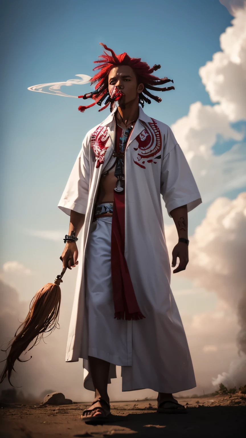 Voodoo shaman, Blood red hair and red eyes, outlined in black pencil., white clothes embroidered clothes, clouds of smoke come from the mouth, full length