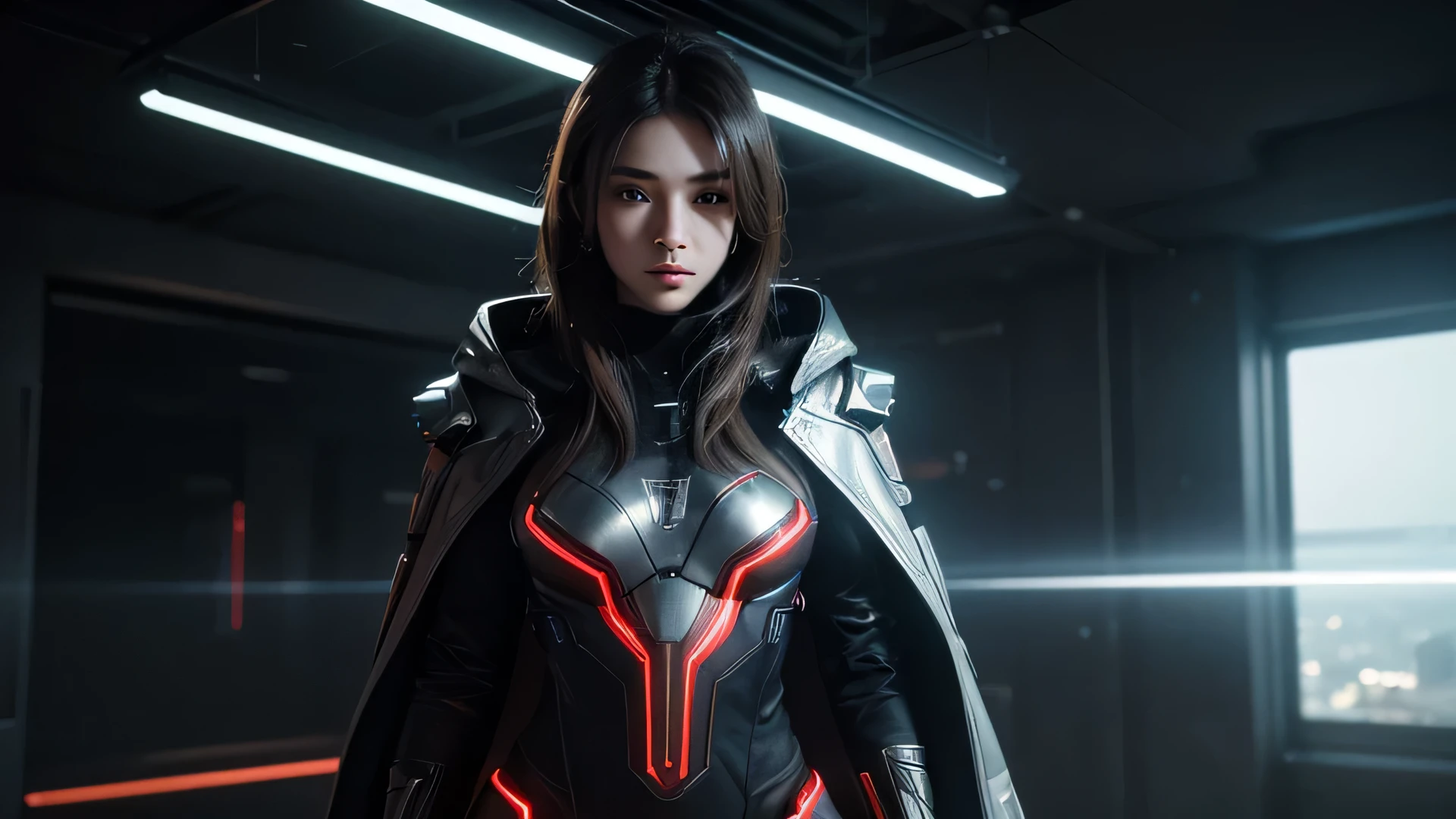 ((highest quality)), ((masterpiece)), (be familiar with:1.4), 3D, Image of a beautiful cyberpunk woman in a cloak, HDR (high dynamic range),ray tracing,NVIDIA RTX,super resolution,unreal 5,Scattered beneath the surface,PBR texturing,Post-processing,anisotropic filtering,Depth of the bounds written,Maximum clarity and sharpness,multilayer texture,Albedo and specular maps,surface shading,Accurate simulation of light-matter interactions,Red Neon Suit, perfect proportions,octane rendering,two-tone lighting,wide aperture,Low ISO,White balance,Rule of thirds,8K RAW,,(Lie:1.3)