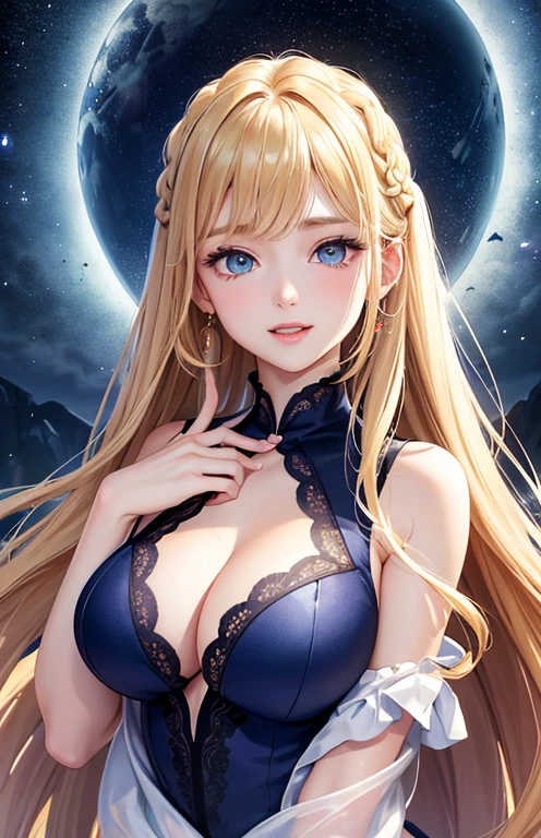 masterpiece、highest quality、High resolution、high quality images、8K, 1 female、skin luster、Texture of skin and clothing、Expression of fine eyes、Shiny bright golden hair,Girl with long braided hair, Manga inspired by Lee Jong-suk, trending on deviantart, realism, detailed manga style, manga art style, perfect line drawing, beautiful line drawing, digital manga art girl, K-POPアイドル, beautiful blue eyes, plump lips, detailed gorgeous face, (cute smile), charm, innocent, Side view, (perfectly detailed face), (fine hands) photorealistic images, Depth of written boundary, Princess hairstyle, Corolla on the head , fortune teller , fortune tellerの服 , show your shoulders , I can see the cleavage , night sky , night view ,beautiful starry sky ,beautiful starry sky , romanticism,