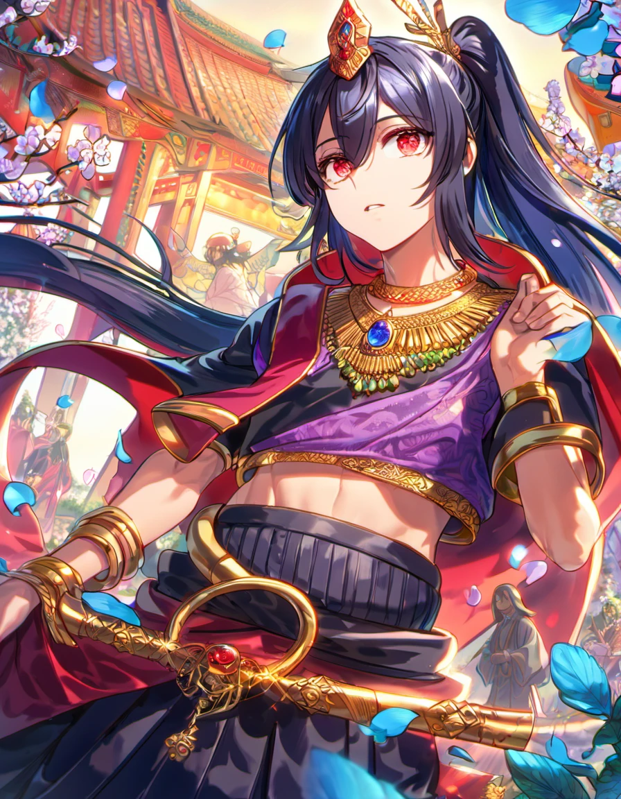 absurdres, highres, ultra detailed, HDR, masterpiece, Judar, expressive red eyes, black medium length hair with a long segmented ponytail, Magi, 1man, handsome, purple makeup on the eyes, Indian chunnari around the shoulders and a small, short-sleeved, black, midriff-baring choli, gold bangle bracelets that extend from the elbows to the wrists, gold bangle necklace with a ruby in the center, decorations such as blue leaves, blossoms and birds, garden, petals