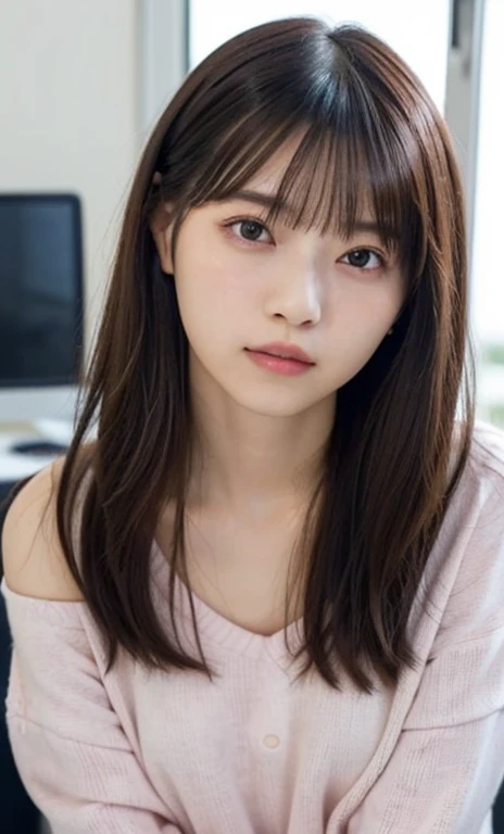 masterpiece、highest quality、16K、ultra high resolution、UHD,Depth of the bounds written、very detailed、soft light、professional lighting、Pale shading、Weak contrast、Japanese、beautiful girl、slender woman、Smooth, silky skin、clear white skin、daytime office、Window seat、sitting in front of the computer、A light blue knit dress that hugs her breasts、(smooth and beautiful thighs:1.6)、(small breast:1.0)、flat chest、Childlike breasts、small areola、small nipples、beautiful nipples、Cherry-colored nipples、white breast、fine and beautiful eyes、(hanging eyes)、(thin eyebrows:1.8)、(thin lips:1.8)、natural makeup、natural color lip、gentle smile、(floating hair、long wavy hair、high ponytail),(The bangs are see-through bangs)、