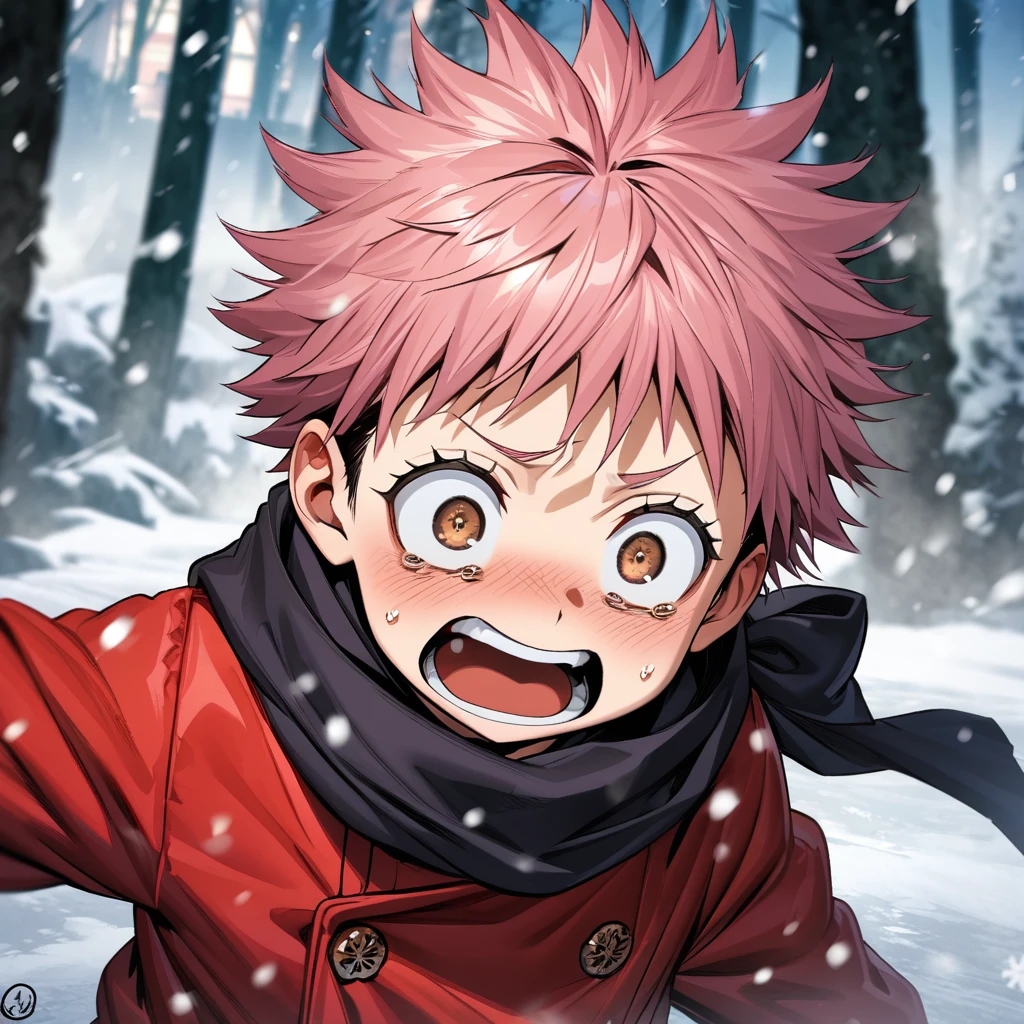 Ultra detailed, highres, absurdres, HDR, Itadori Yuji as a little kid, pink hair, brown eyes, black scarf, red winter jacket, scared expression, cute, snowing, snowflakes, ice forest, Jujutsu Kaisen,