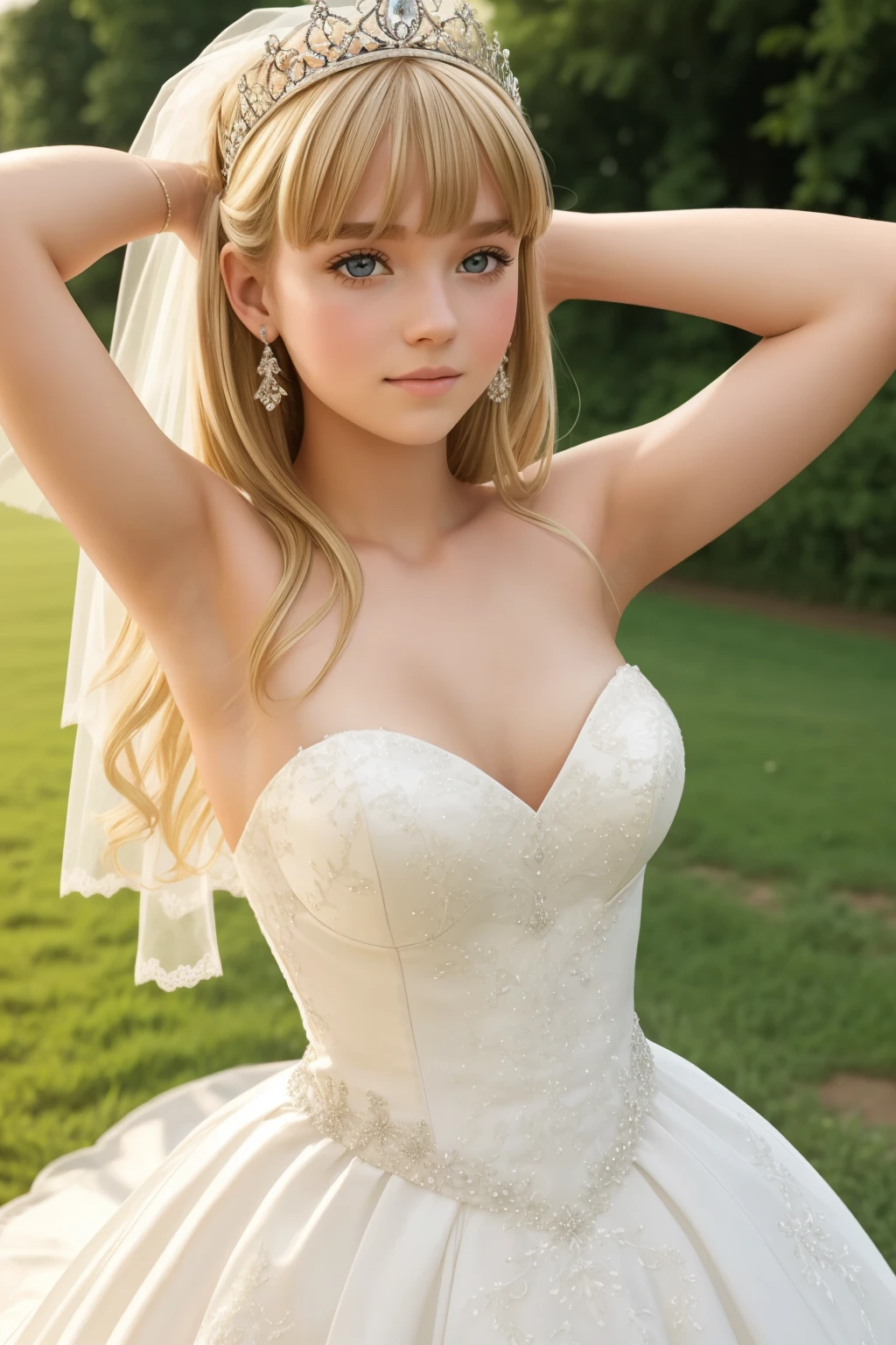 A girl,16 year old,wedding dress,european countryside,blonde,bangs bangs,pretty face,thick and muscular upper arms,armpit,tiara