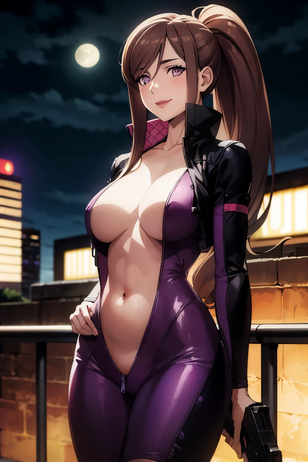 photorealistic, (4k), depth of field, (Masterpiece), (realistic skin texture), extremely detailed, intricate, hyper detailed, high resolution, professional photography, , depth of field, sharp detail, best quality, , 1girl, solo, claudia_synduality_noir, brown hair, purple eyes, , ponytail, bodysuit, bikesuit, bellybutton , outdoors, rooftop, cityscape, building, railing, night, night sky, scenery, moon, city lights, blush, lipstick,,navel, evil expression, exposed belly, exposed navel, smile, unzip, holding a gun, hold a gun,