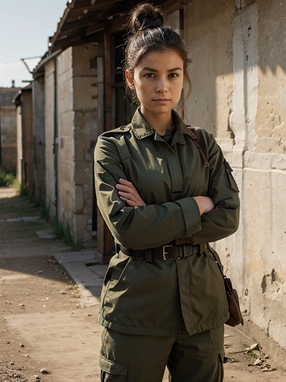 French, messy bun, french military uniform, outdoor, barracks, crossing arms, serious face