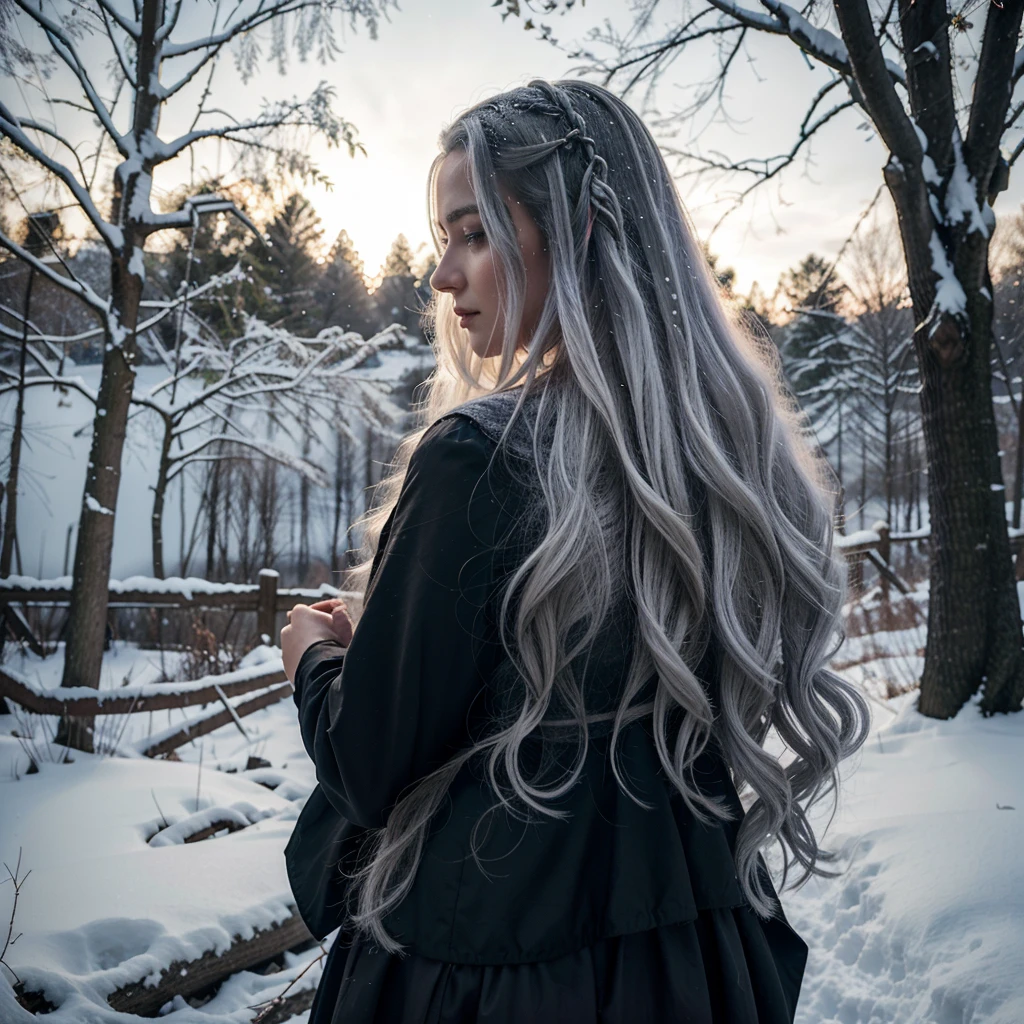 In the clearing beneath the tree, a witch appears, her beauty remarkable despite the snow-white hair that cascades down her back.