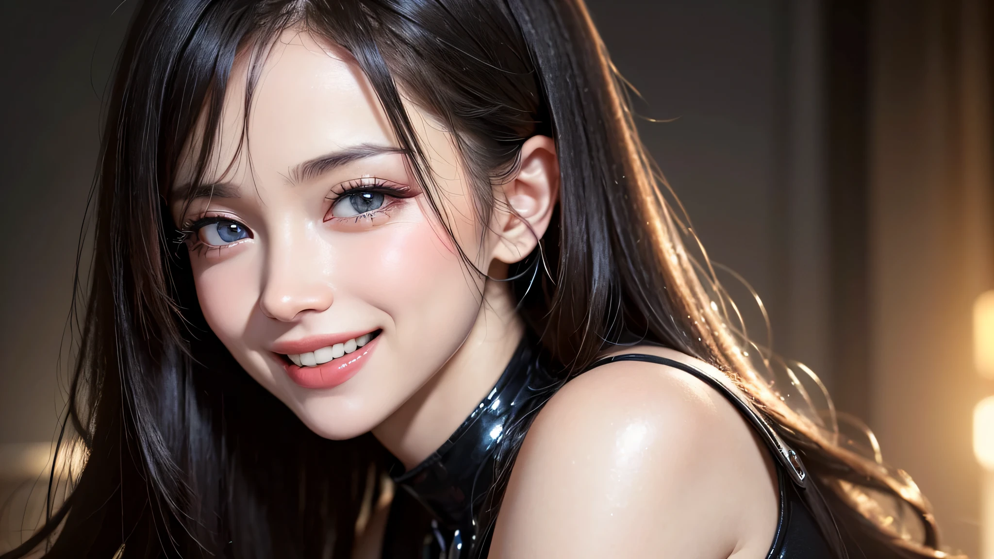 (Uhd, retina, masterpiece, Accurate, anatomically correct, rough skin, Super detailed, advanced details, high quality, 最high quality, High resolution, 1080p, hd, 4k, 8K, 16k), (detailed and beautiful eyes, beautiful detailed lips, highly detailed eyes and face), soft lighting, Physically based rendering, Bright colors, (big breasts, glamorous body), (race, arm warmers), (portrait, shiny hair, shiny skin, blush), (Bokeh), eye reflection, (Laugh and laugh:1.5),, realistic,(Lie:1.3)