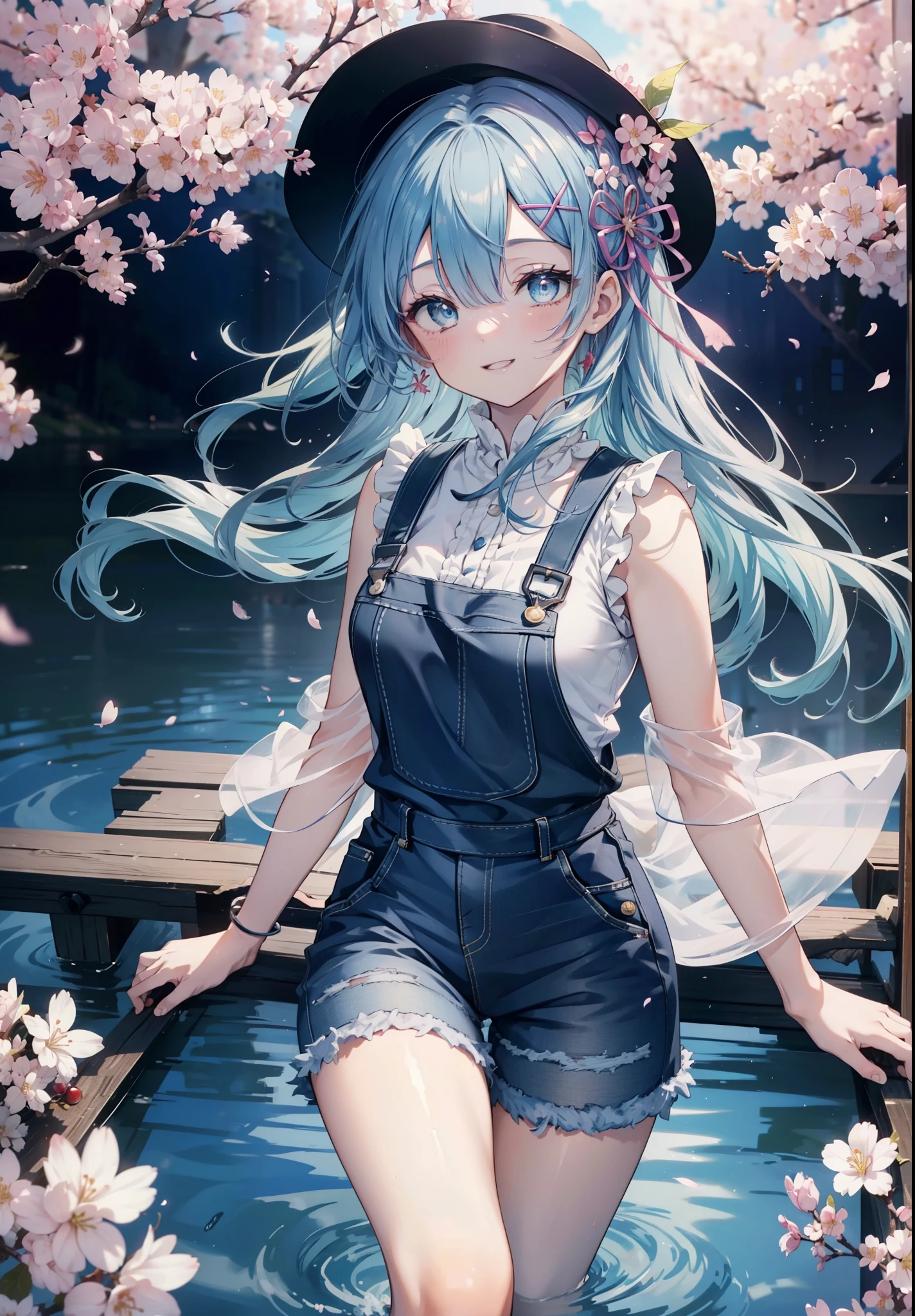 rezeroRem, Rem, blue eyes, blue hair, hair ornaments, hair above one eye, hair ribbon, long hair, x hair ornaments,happy smile, smile, open your mouth,skirt,Hunting Hat,Pink tank top shirt,bare arms,denim overalls,shorts,black tights,Mini Boots,cherry blossoms,cherry blossoms並木道,cherry blossomsが咲いている,cherry blossomsが散っている,morning,morning日,the sun is rising,
break outdoors, garden,
break looking at viewer, (cowboy shot:1. 5)
break (masterpiece:1.2), highest quality, High resolution, unity 8k wallpaper, (figure:0.8), (detailed and beautiful eyes:1.6), extRemely detailed face, perfect lighting, extRemely detailed CG, (perfect hands, perfect anatomy),