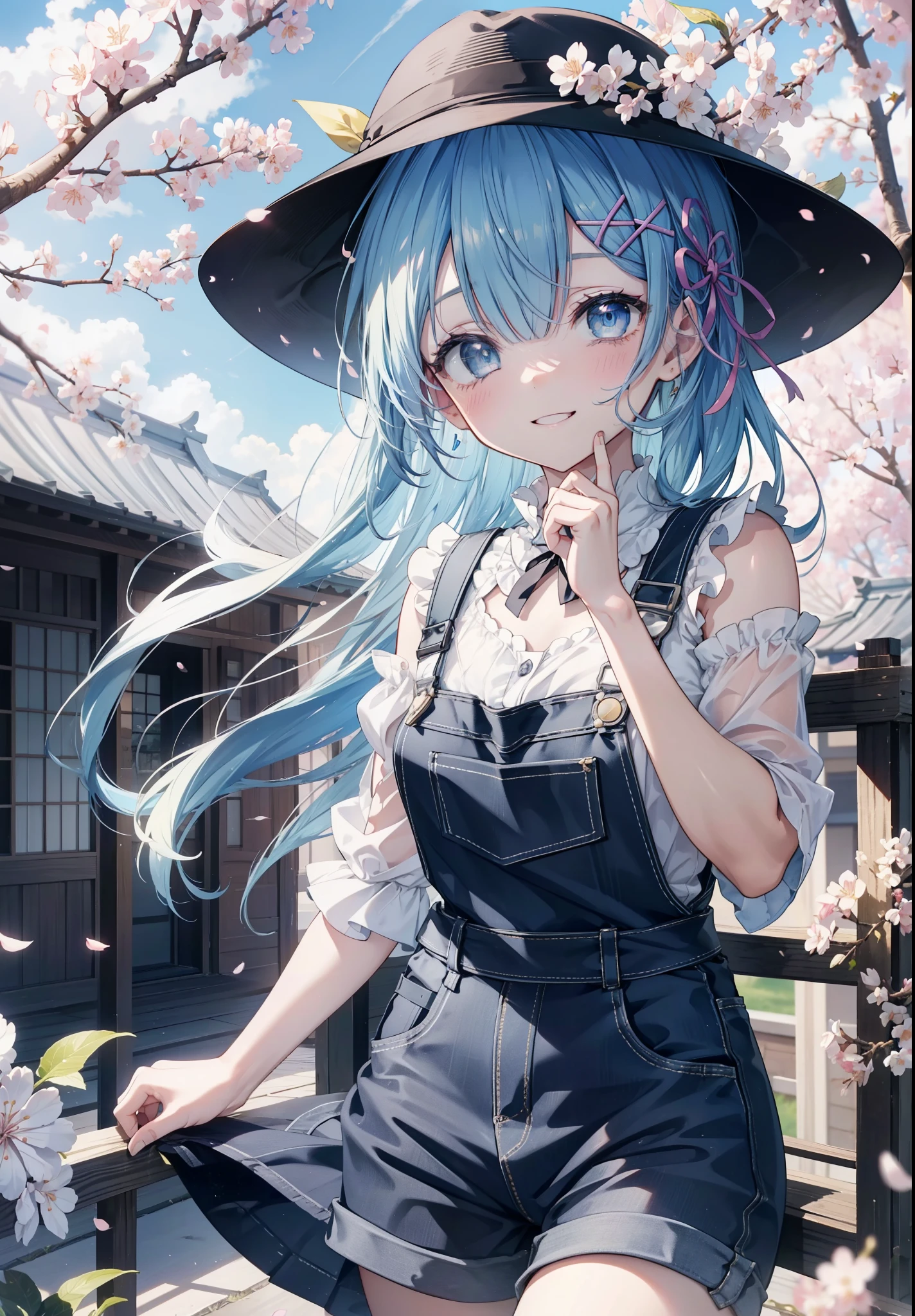 rezeroRem, Rem, blue eyes, blue hair, hair ornaments, hair above one eye, hair ribbon, long hair, x hair ornaments,happy smile, smile, open your mouth,skirt,Hunting Hat,Pink tank top shirt,bare arms,denim overalls,shorts,black tights,Mini Boots,cherry blossoms,cherry blossoms並木道,cherry blossomsが咲いている,cherry blossomsが散っている,morning,morning日,the sun is rising,
break outdoors, garden,
break looking at viewer, (cowboy shot:1. 5)
break (masterpiece:1.2), highest quality, High resolution, unity 8k wallpaper, (figure:0.8), (detailed and beautiful eyes:1.6), extRemely detailed face, perfect lighting, extRemely detailed CG, (perfect hands, perfect anatomy),