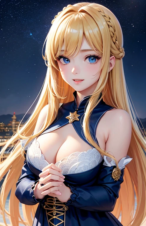 masterpiece、highest quality、High resolution、high quality images、8K, 1 female、skin luster、Texture of skin and clothing、Expression of fine eyes、Shiny bright golden hair,Girl with long braided hair, Manga inspired by Lee Jong-suk, trending on deviantart, realism, detailed manga style, manga art style, perfect line drawing, beautiful line drawing, digital manga art girl, K-POPアイドル, beautiful blue eyes, plump lips, detailed gorgeous face, (cute smile), charm, innocent, Side view, (perfectly detailed face), (fine hands) photorealistic images, Depth of written boundary, Princess hairstyle, Corolla on the head , fortune teller , fortune tellerの服 , show your shoulders , I can see the cleavage , night sky , night view ,beautiful starry sky ,beautiful starry sky , tarot cards , romanticism,
