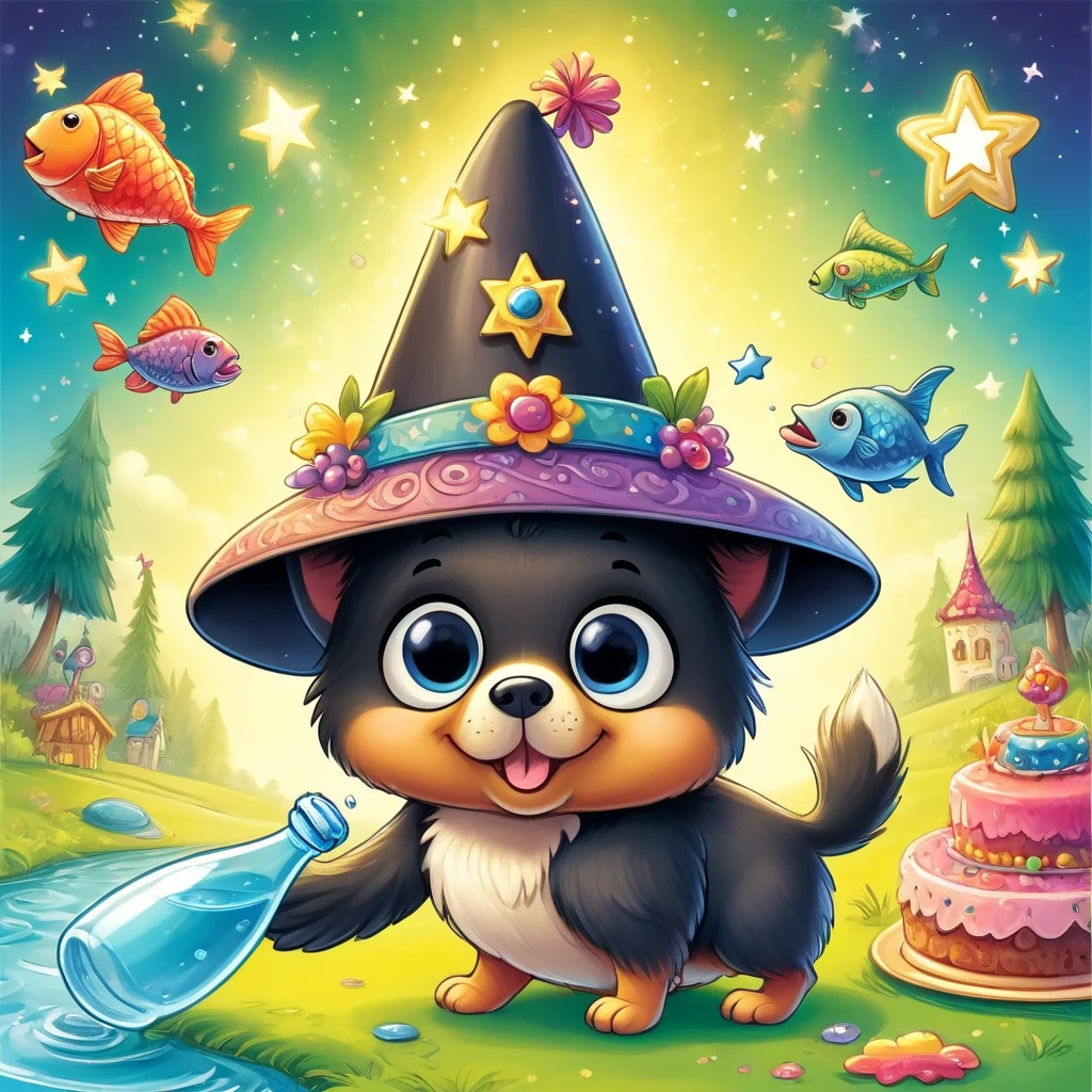 ein Fisheye-Cartoon mit Hundekopf, strongly elongated snout, ausdrucksstarke Augen, Karikatur, Albeniz Rodriguez-Stil, italienisches Windspiel, with  hat, Geburtstag, Congratulations, Torte