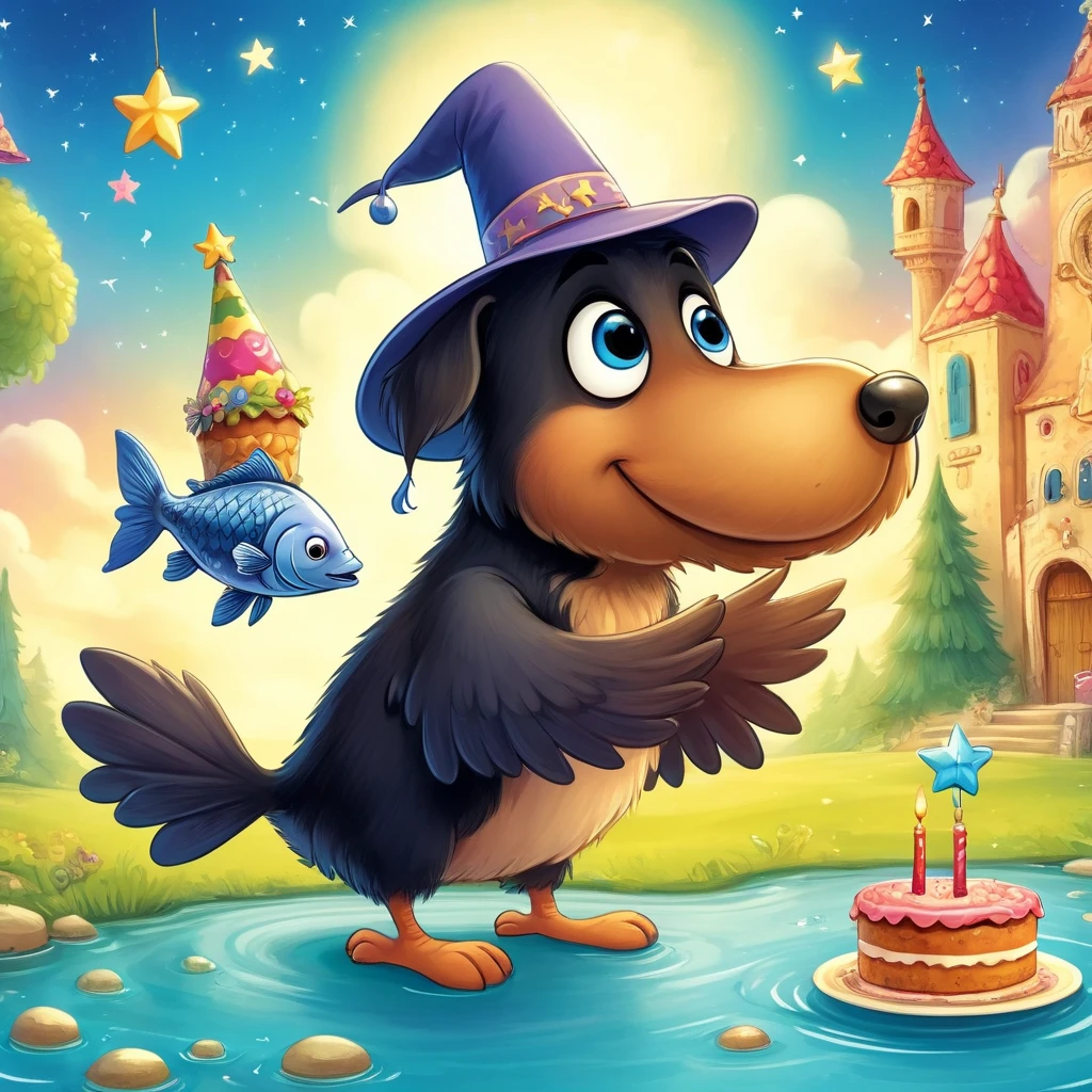 ein Fisheye-Cartoon mit Hundekopf, strongly elongated snout, ausdrucksstarke Augen, Karikatur, Albeniz Rodriguez-Stil, italienisches Windspiel, with hat, Geburtstag, Congratulations, Torte